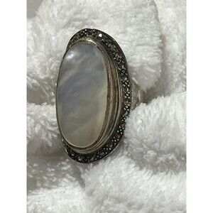 Mother of Pearl Marcasite Sterling Silver Ring Oval Large Sz 8.5 Southwestern